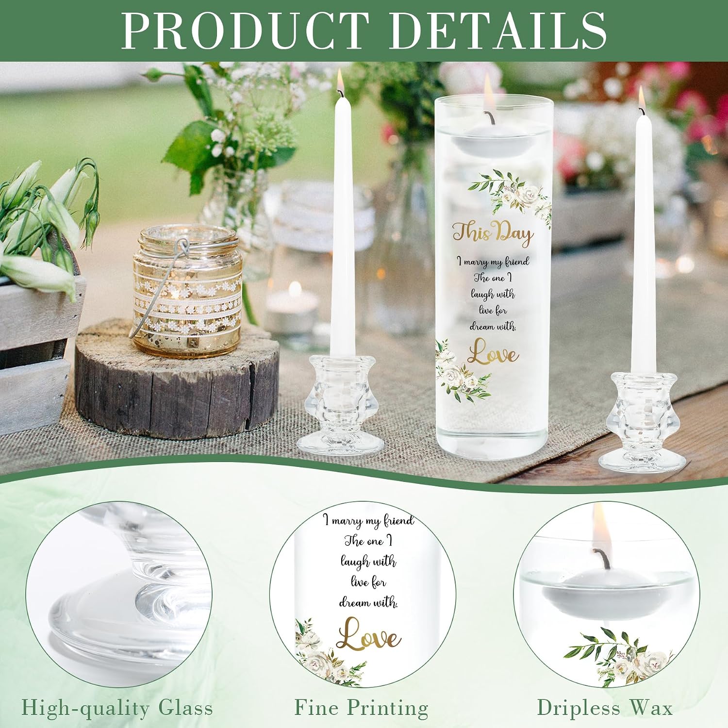 Unity Candles with Glass Holder for Wedding Ceremony - Unity Candles for Wedding, Religious Ceremony Ideas Marriage Decoration Accessories Set for Newly Couple Anniversary Church (Flower)