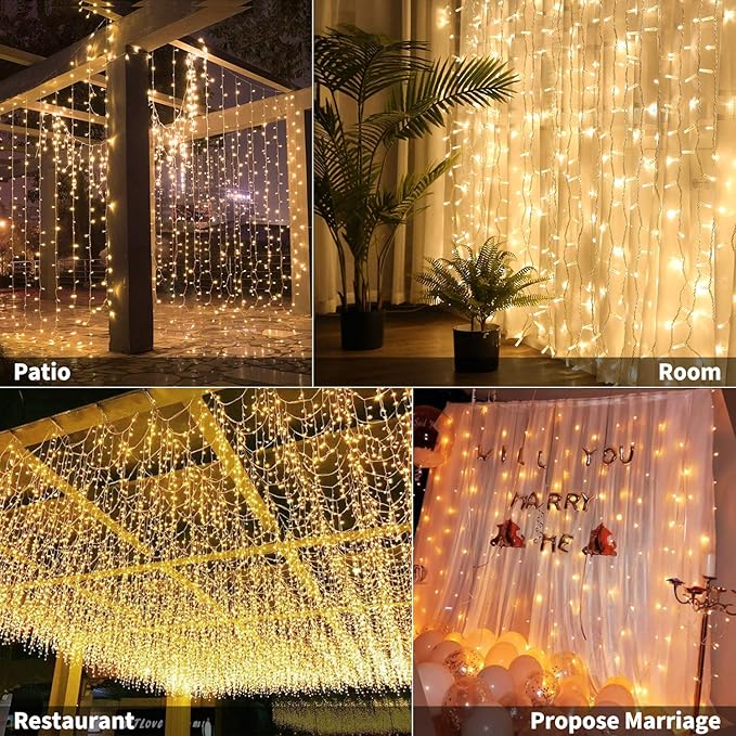 Brightown 1200 LED Curtain String Lights, 9.8 FT Hanging Fairy Lights with Remote, 8 Modes, Connectable Waterproof Window Lights for Bedroom Backdrop Wedding Outdoor Christmas Party, Warm White