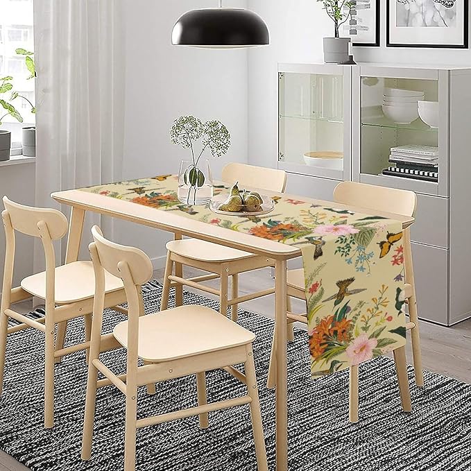 Brown Bird Floral Table Runner Spring Flower Kitchen Table Decoration Suitable for Family Dinner Decoration 13x70 Inch