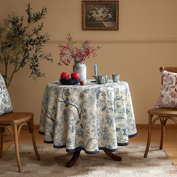 ISAENNE Designer French Linen Small Round Tablecloth,Blue Floral Washable Indoor Table Cloth,Durable Home Decor Tablecloths for Dining Thanksgiving Kitchen Party Christmas,Diameter 55"-Ruyi B