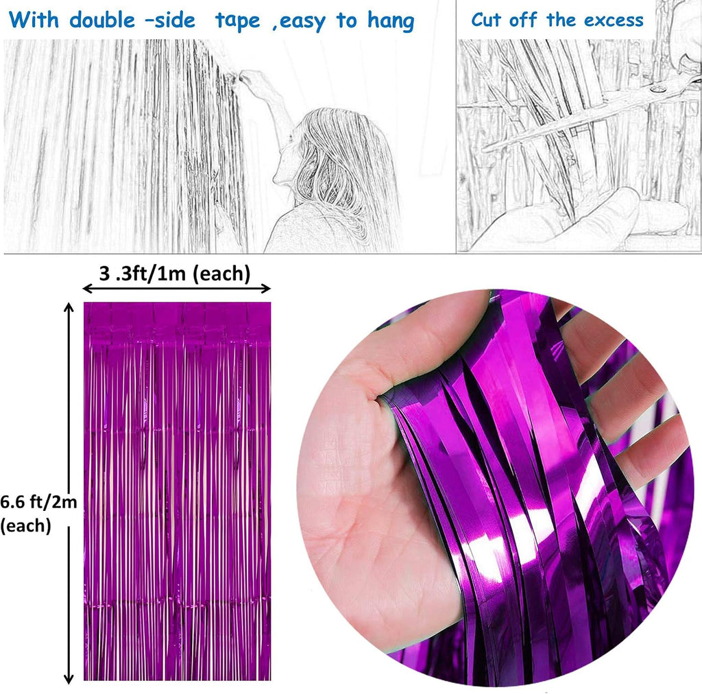 3pc Purple Tinsel Foil Fringe Curtain Backdrop for Mardi Gras Mermaid Under The Sea Themed Wedding Bridal Shower Engagement Graduation Birthday Halloween Party Decorations