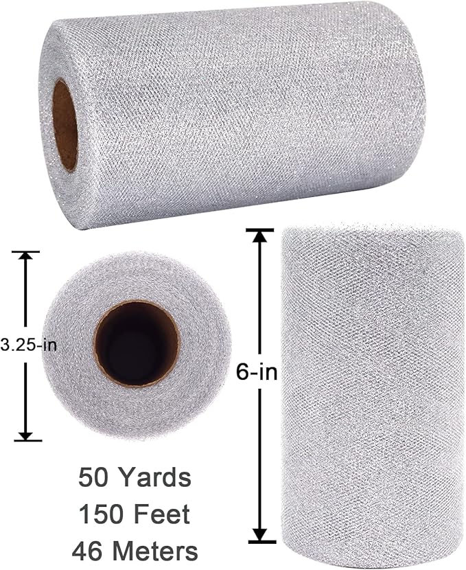 Glitter Tulle Fabric Rolls, 6 Inch 50 Yards (150ft) Sparkling Spool Ribbon Sequin Netting for Tutu Skirt Gift Wrapping Wedding Party Decoration (Silver)