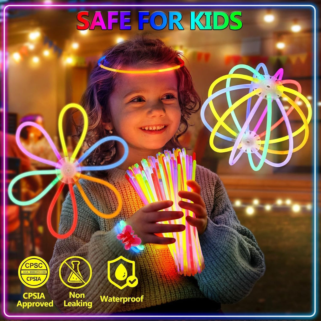 BUDI 467Pcs Glow Sticks Party Favors for Kids Adults Glow in the Dark Party Supplies 4th of July Accessories Neon Decors 200 GlowSticks Bulk 8 Colors 8 Inch & 267 Connectors Necklace Bracelet Glasses