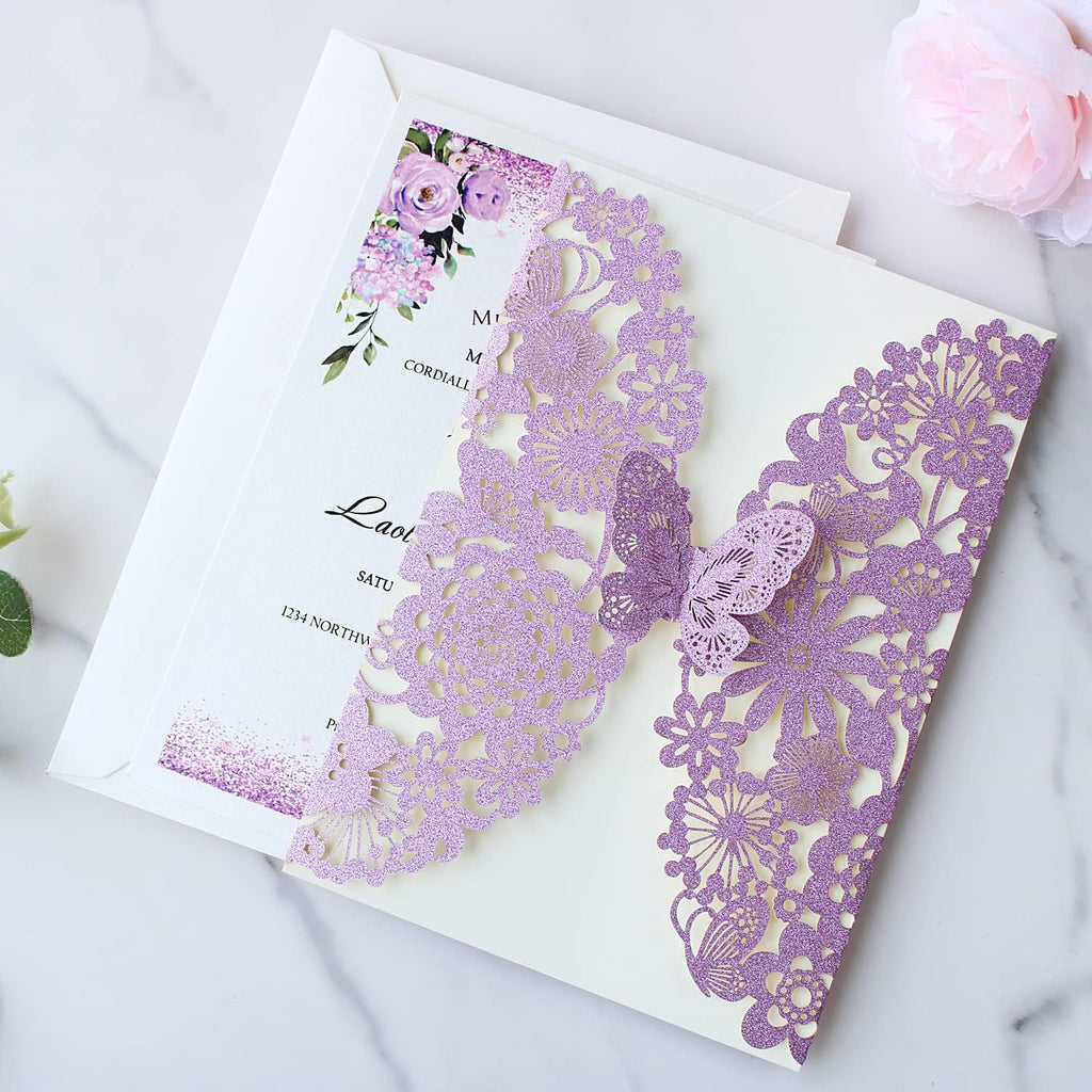Hosmsua 20PCS 5.12 x 7.3 Blank Purple Quinceanera Invitation Kit with Butterfly Laser Cut Lace Flora Invitations for Wedding Quinceañera Sweet 16 Birthday Wedding Invitation (Purple Glitter)