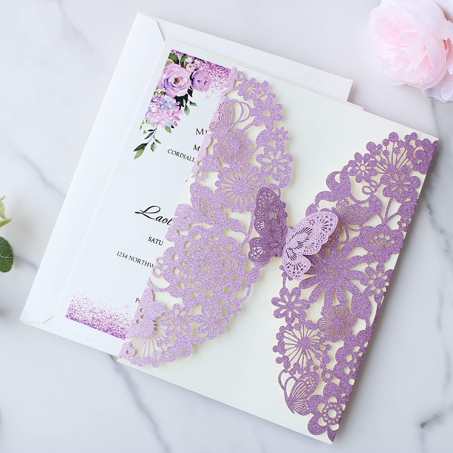 Hosmsua 20PCS 5.12 x 7.3 Blank Purple Quinceanera Invitation Kit with Butterfly Laser Cut Lace Flora Invitations for Wedding Quinceañera Sweet 16 Birthday Wedding Invitation (Purple Glitter)