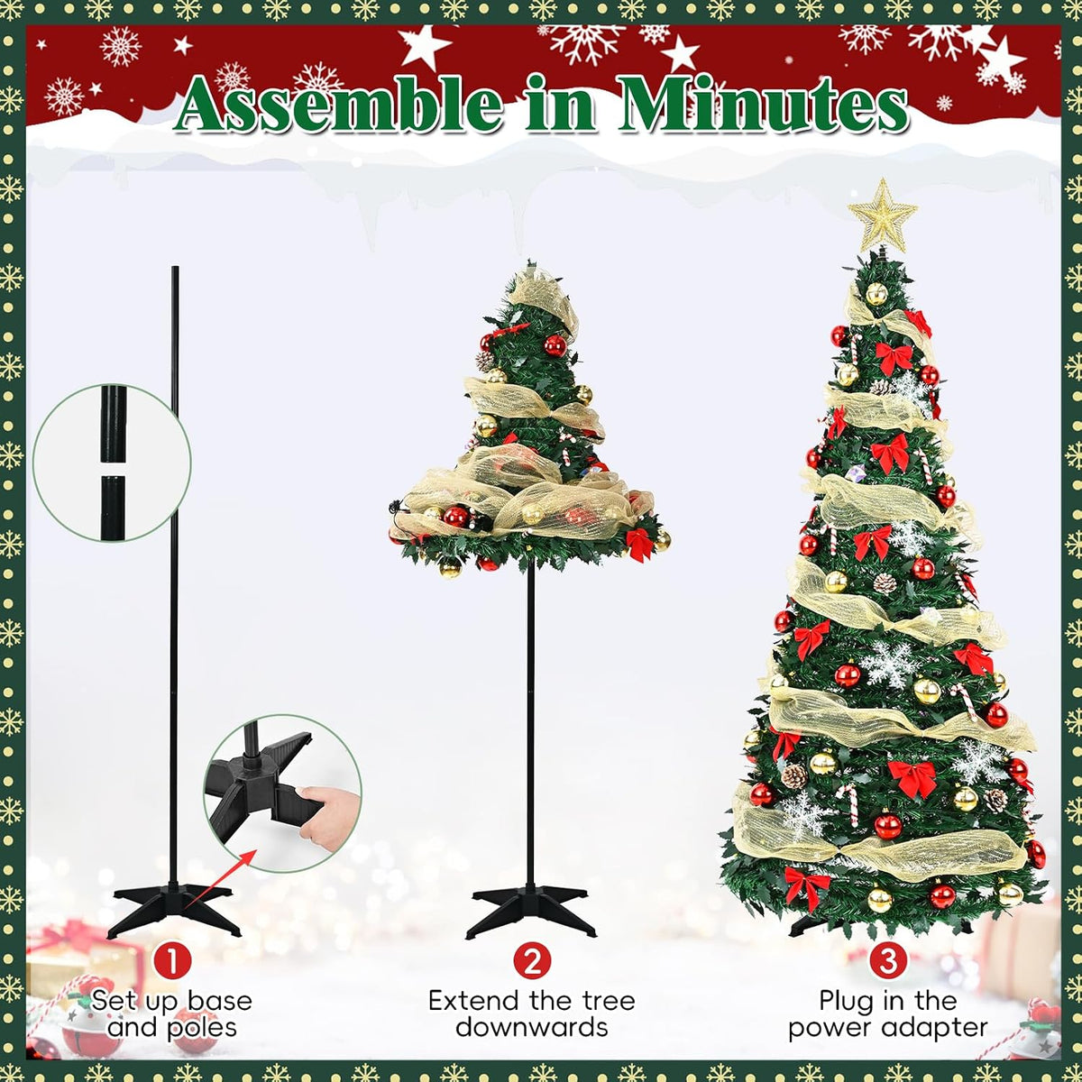 6ft pre lit pop up christmas tree,pre-decorated artificial showing dimensions