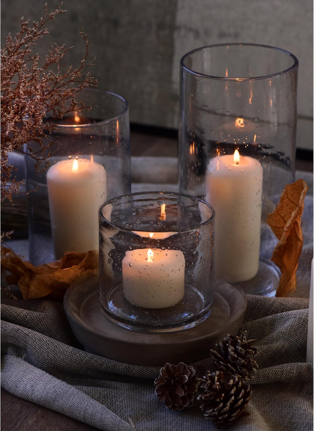 Hurricane Candle Holders Glass Cylinders Set of 3 (10" 7" 4") | Clear Seeded Bubbles, Cylinder Vases For Pillar Candles, Modern Rustic Table Centerpiece Decor