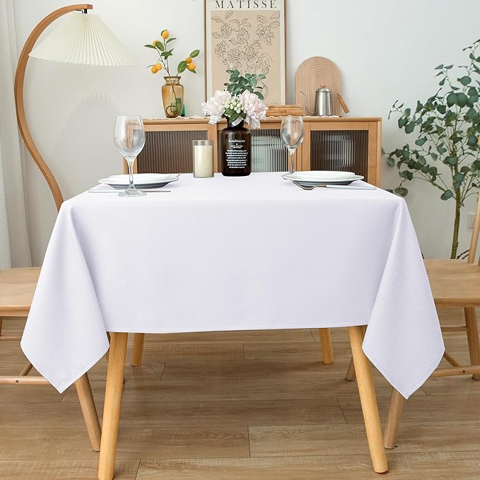 Biscaynebay Fabric Tablecloths 60x108 Inches Rectangular, White Water Resistant Tablecloths for Dining, Kitchen, Wedding and Parties etc. Machine Washable
