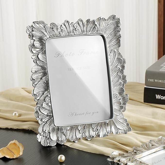Silver 5x7 Picture Frame, Vintage Silver Palm Leaves Textured Hand-Crafted Resin with Glass Front Elegant Retro Vintage Rustic Design Photo Frame for Wall and Tabletop Display Home Decor