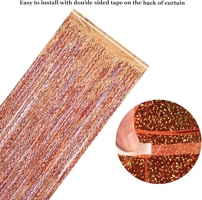 4 Pack 3.3x6.6ft Wavy Orange Foil Fringe Backdrop Curtains -Tinsel Streamers Metallic Foil Fringe Backdrop Door for Halloween, Graduation,Baby Shower,Gender Reveal