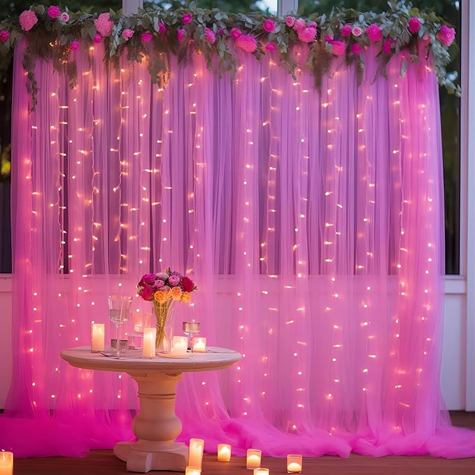 30×10ft Hot Pink Tulle Backdrop Curtain with Lights String for Parties, Sheer Photo Backdrop Curtains for Wedding Bridal Shower Party Photography Background