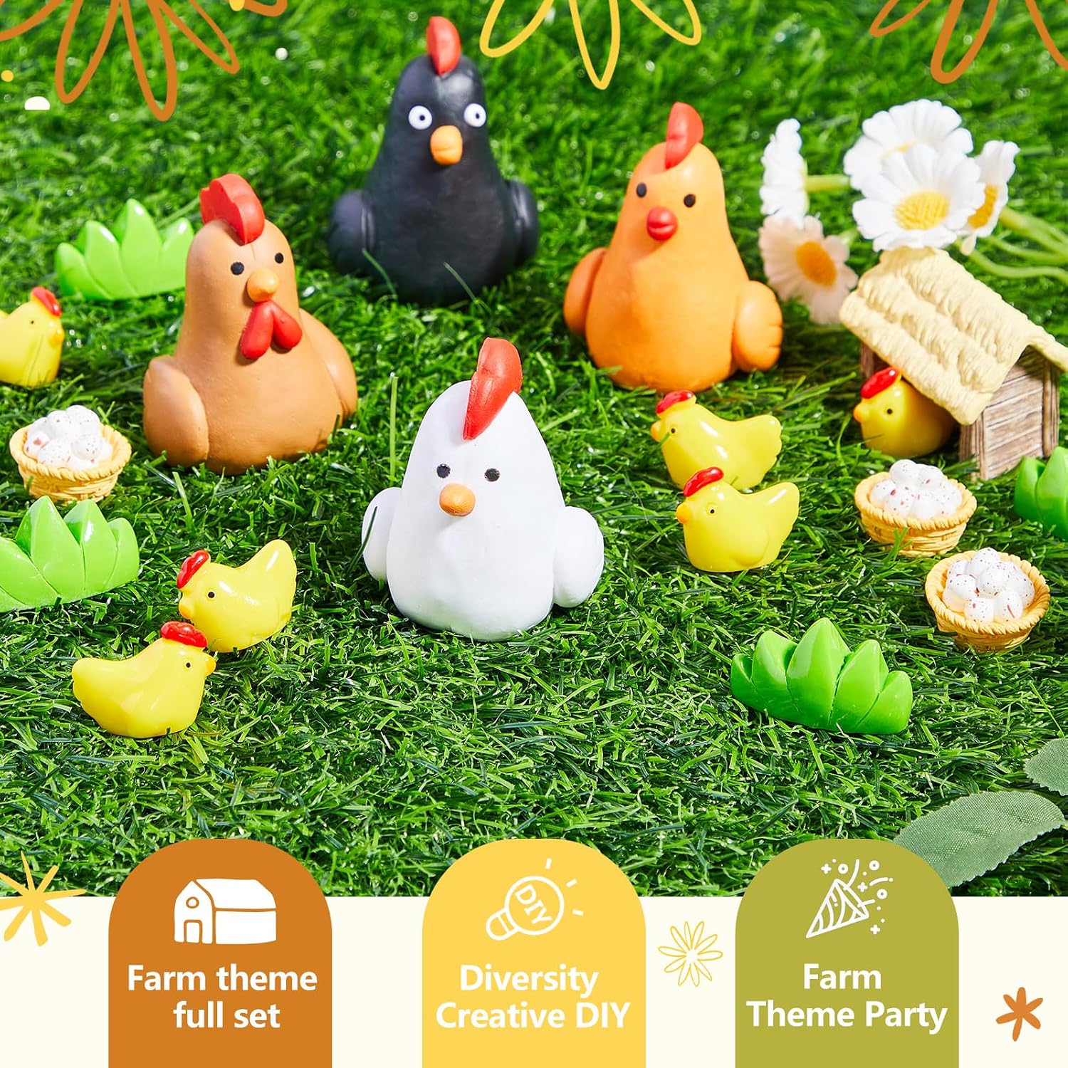 Leinuosen 18 Pcs Chicken Cake Decorations Chicken Birthday Cake Topper Coop Hen Rooster Egg Nest Grass Farm Animal Birthday Party Decorations for Chick Themed Baby Shower Supplies