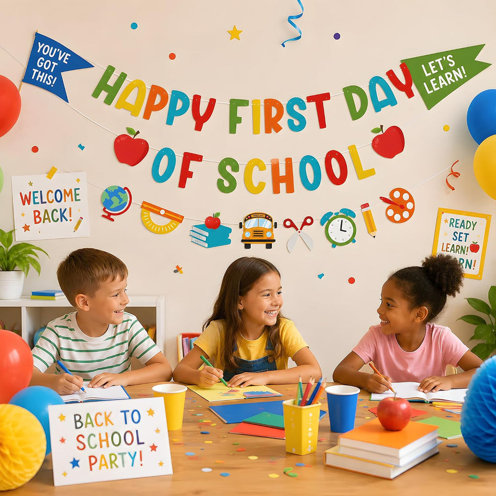 Back to School Decorations - Happy First Day of School Banner Sign Decor for Indoor Outdoor | Back To School Garland Backdrop - Hanging Classroom Decor Party Favors Supplies