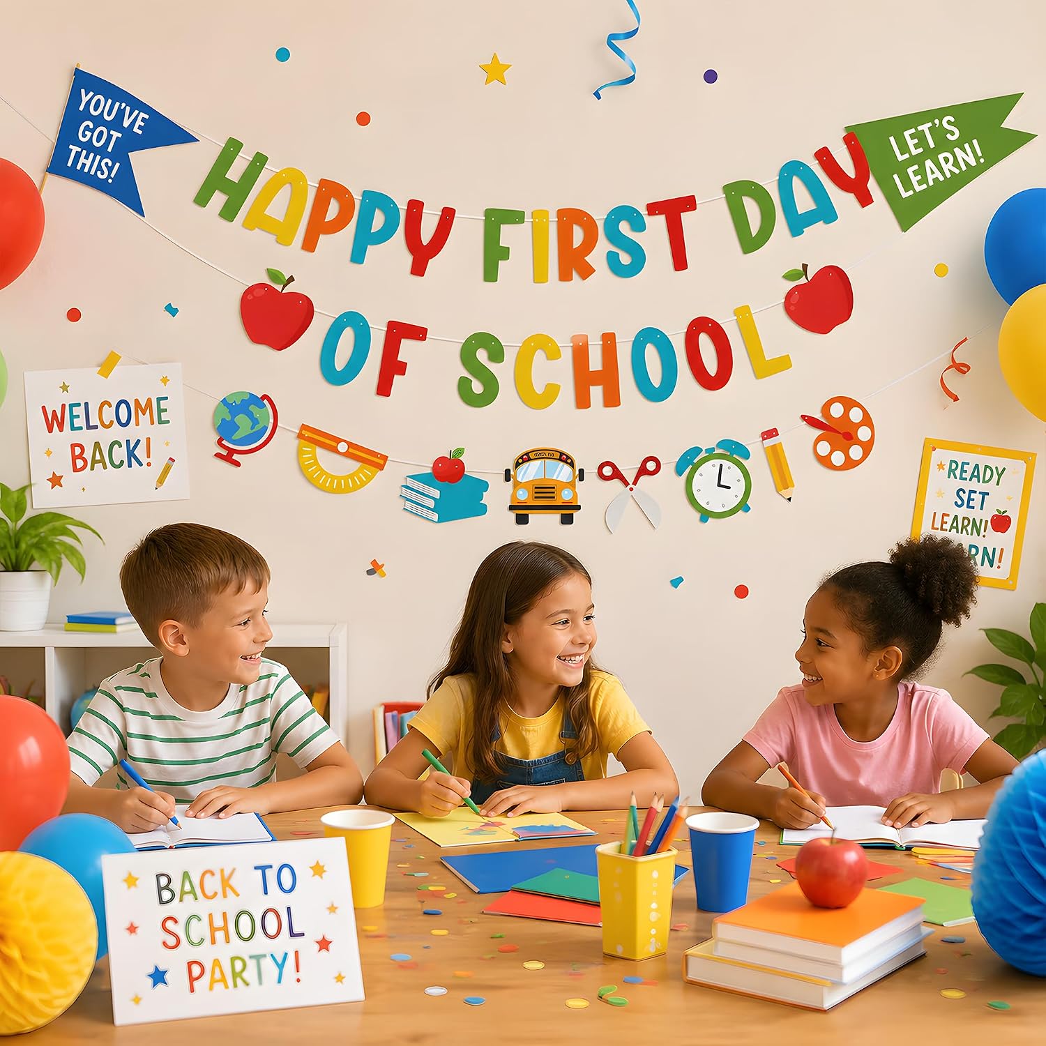 Back to School Decorations - Happy First Day of School Banner Sign Decor for Indoor Outdoor | Back To School Garland Backdrop - Hanging Classroom Decor Party Favors Supplies