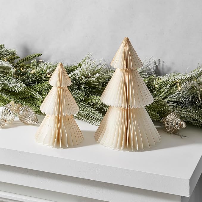 LampLust White Honeycomb Paper Trees, 2 Pack, 6 & 8 Inch, Winter Ornaments, Winter Decorations for Home and Mantel Decor, Winter Wonderland Decorations