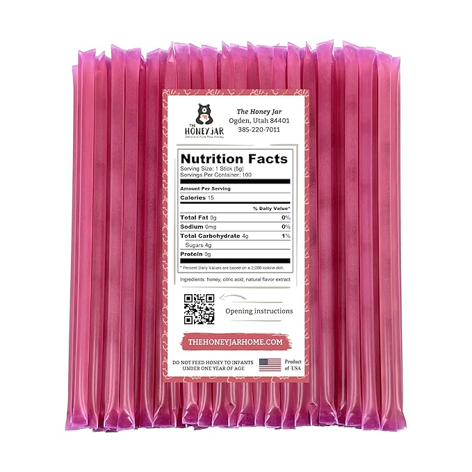 The Honey Jar Raspberry Flavored Honey Sticks - Pure Honey Straws For Tea, Coffee, or a Healthy Treat - One Teaspoon of Flavored Honey Per Stick - Made In The USA with Real Honey - (100 Count)
