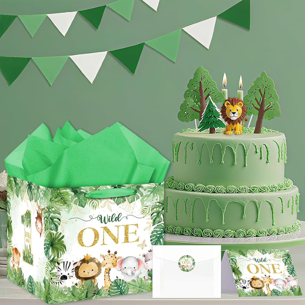 Extra Large Wild One Gift Bag Square Jumbo Wild Animal 1st Birthday Bag for Baby Boys with Wrapping Paper Card Sticker Envelope Jungle First Birthday Safari One Year Old Party Favors Decorations