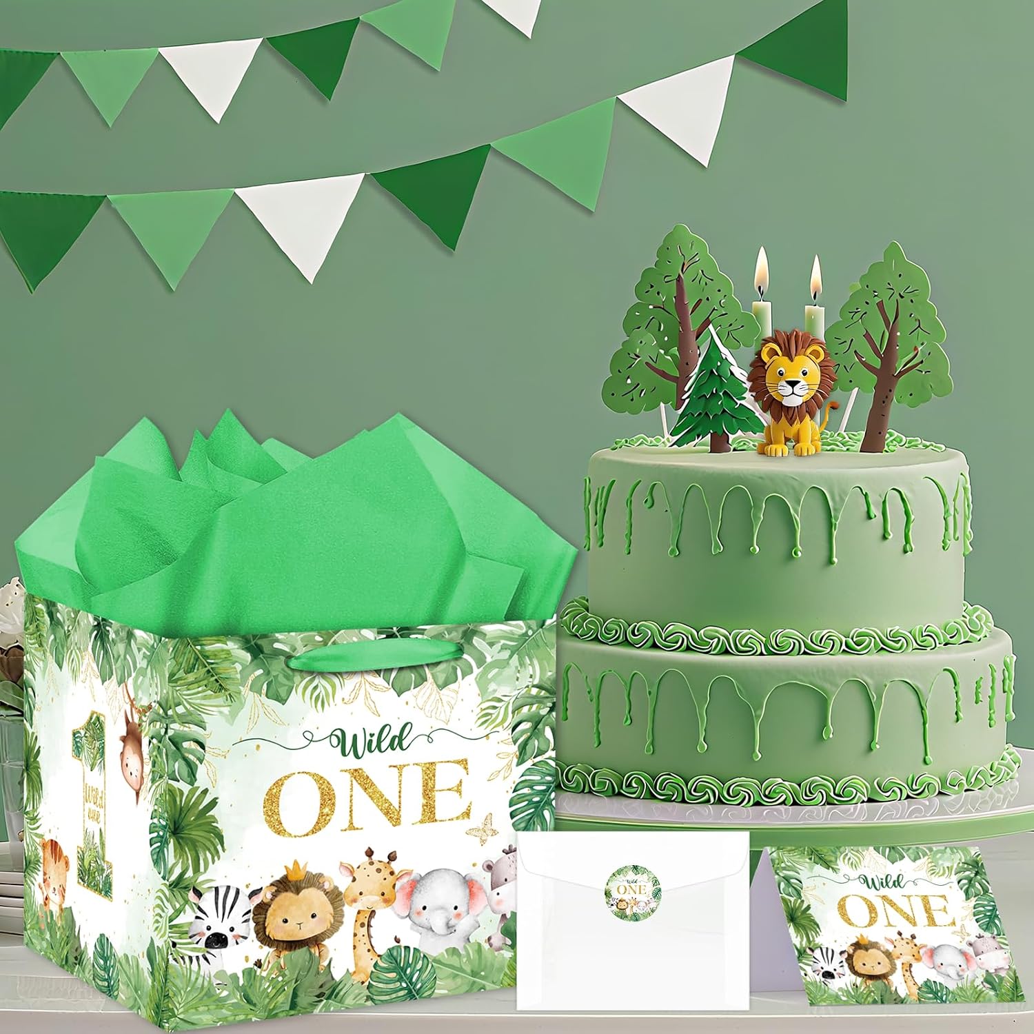 Extra Large Wild One Gift Bag Square Jumbo Wild Animal 1st Birthday Bag for Baby Boys with Wrapping Paper Card Sticker Envelope Jungle First Birthday Safari One Year Old Party Favors Decorations