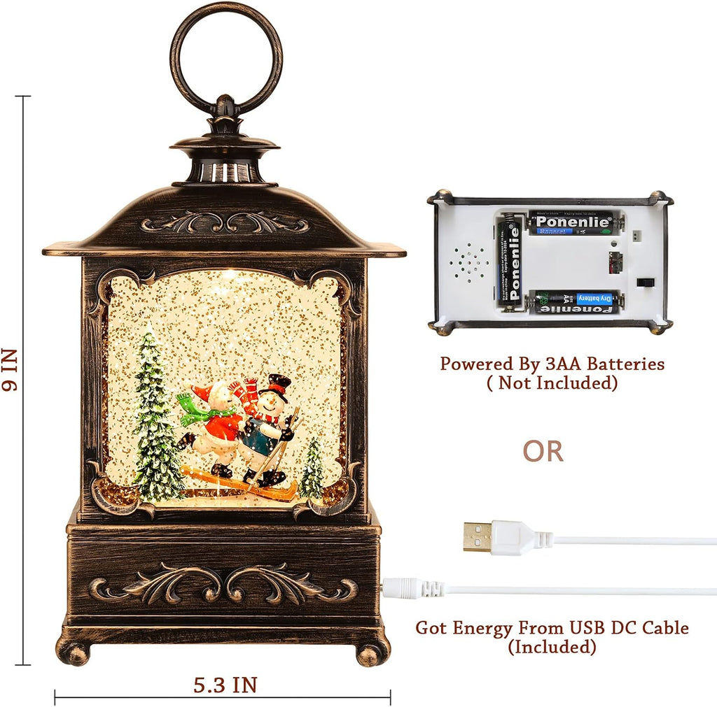 Christmas Snow Globe Lantern Christmas Decorations Water Glittering Lanterns with Music & Timer, USB Lined/Battery Operated Lighted Lantern for Christmas Festival Decoration Gifts (Skiing Snowman)
