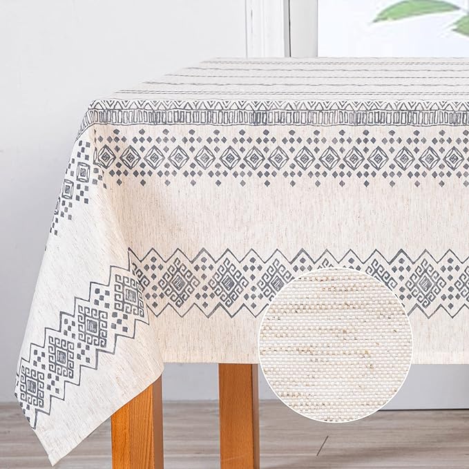 MYSKY HOME Boho Rectangle Tablecloth - Linen Fabric Table Cover - Farmhouse Decoration - 60x102 Inches - Waterproof Classic Bohemian Tablecloth for 6 Feet Table, Indoor and Outdoor Use, Grey