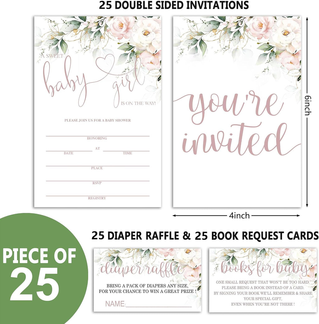 Set of 25 Baby Shower Invitations with Envelopes, Diaper Raffle Tickets and Baby Shower Book Request Cards, Floral flower