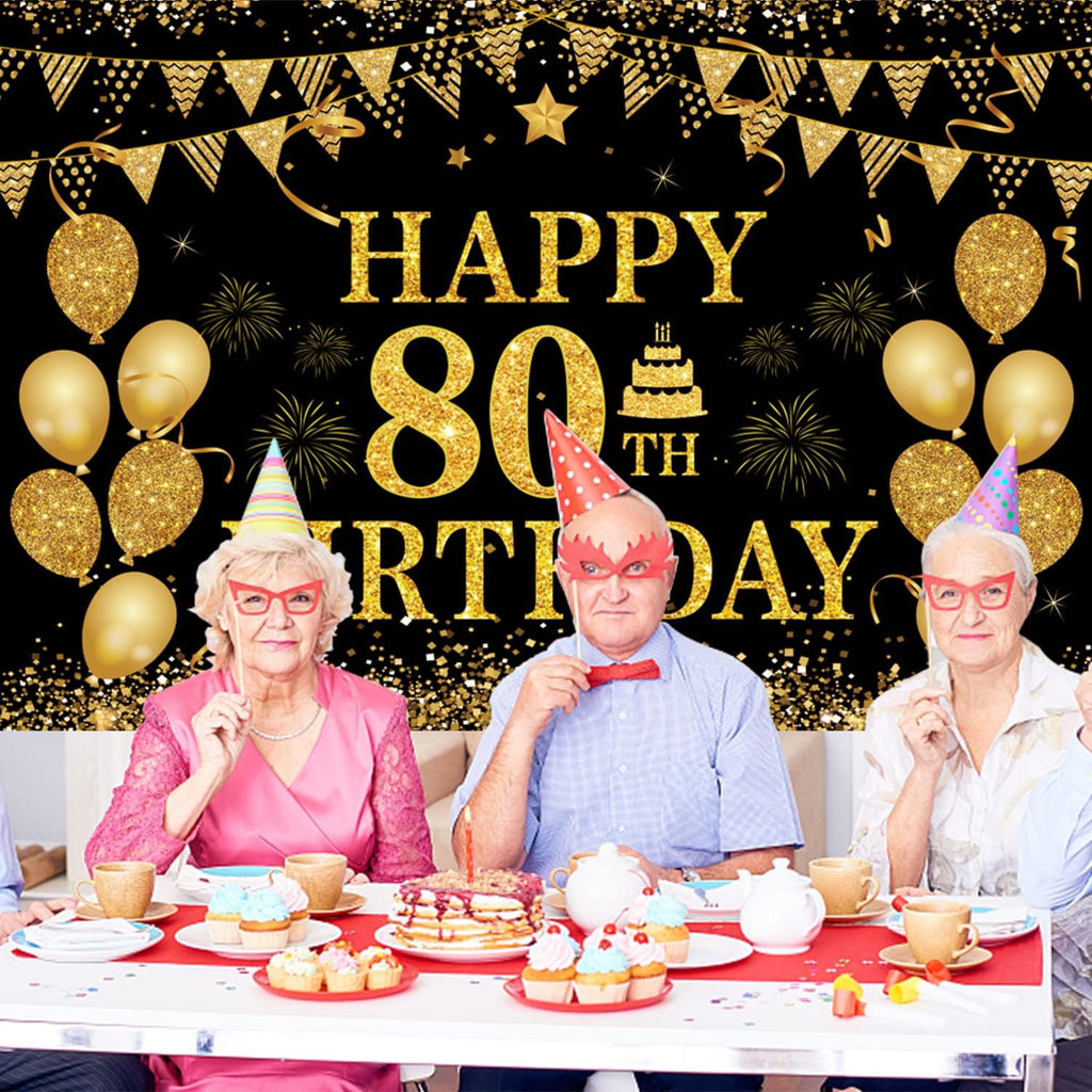80th Birthday Decorations for Men Women - Happy 80th Birthday Banners Decorations Black Gold 80 Years Birthday Party Favor Backdrop for 80th Birthday Party Sign Decor (71 x 45 inch)