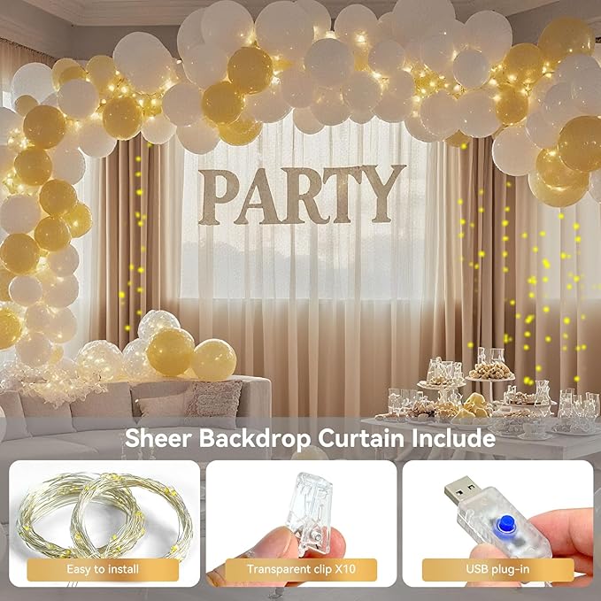 10×10ft Tulle Backdrop Curtains with Lights String - 300LED Fairy Lights Sheer Curtain Backdrop for Weddings Baby Shower and Birthday Party Decorations(4 Panels 5×10ft)