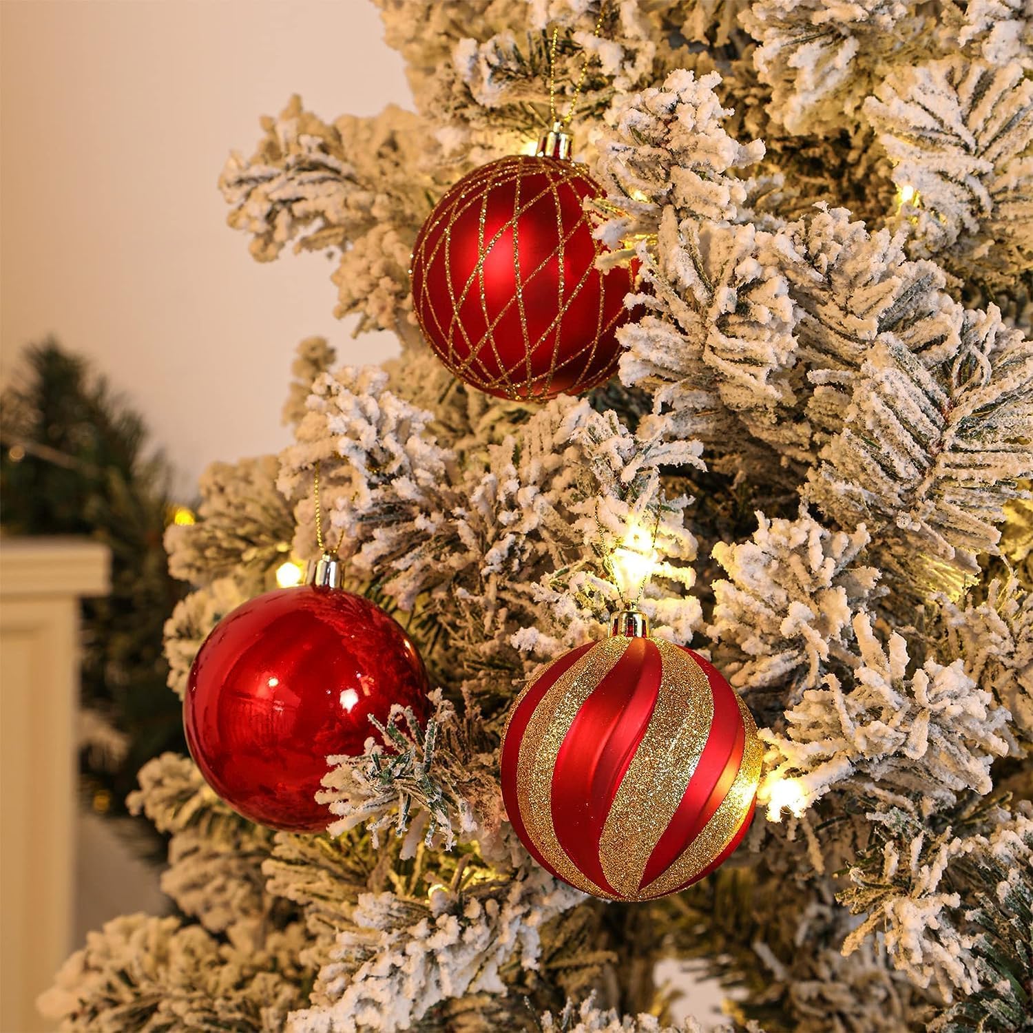 SHareconn 80mm Christmas Balls Ornaments,12PCS Colored Shatterproof Plastic Decorative Hanging Tree Decorations Baubles Set for Xmas Tree Decor Holiday Party Wedding Decoration with Lanyard,Red & Gold