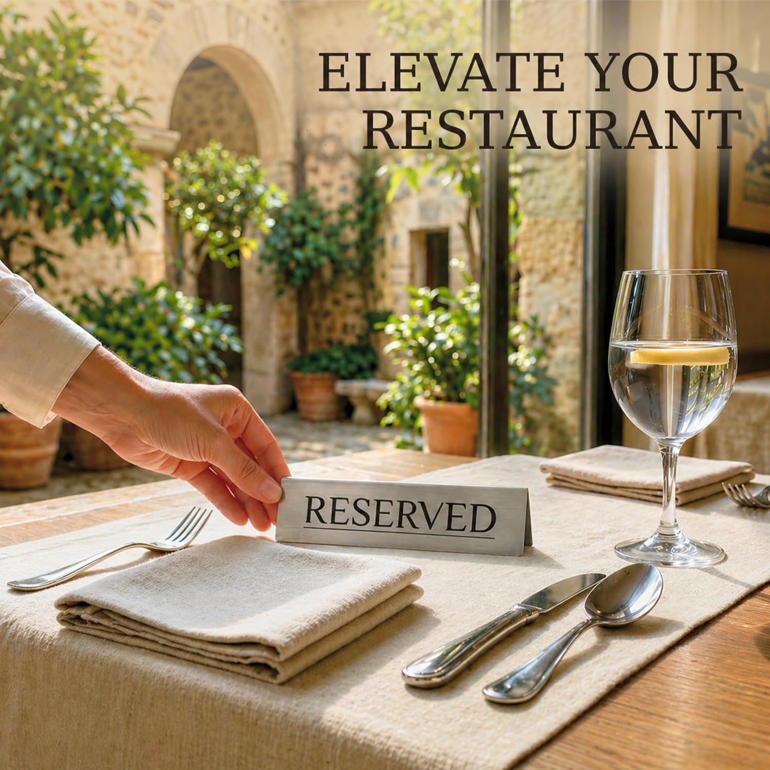 Reserved Table Signs Set of 6 | Raised Black Letters, Brushed Stainless Steel, Reusable Double-Sided | Reserved Seating Signs for Weddings, Restaurants, Church Pews, Events | 6×1.6 in