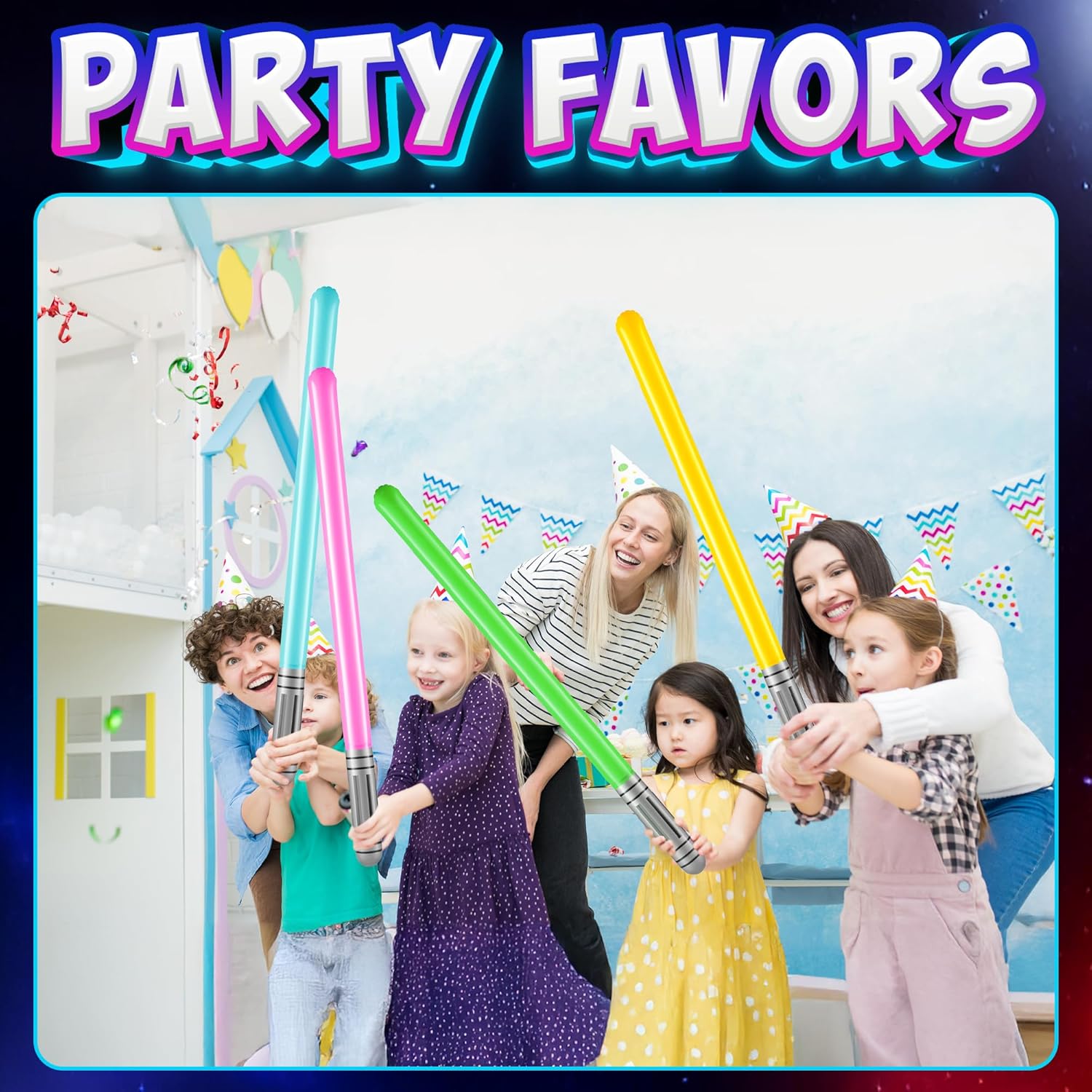 Bedwina Inflatable Saber Swords for Kids - (Pack of 12) 35-inch Neon Color Blow-Up Toy Saber Swords, Party Favors, Goodie Bags, Star Galaxy Theme Birthdays & Prize Toys