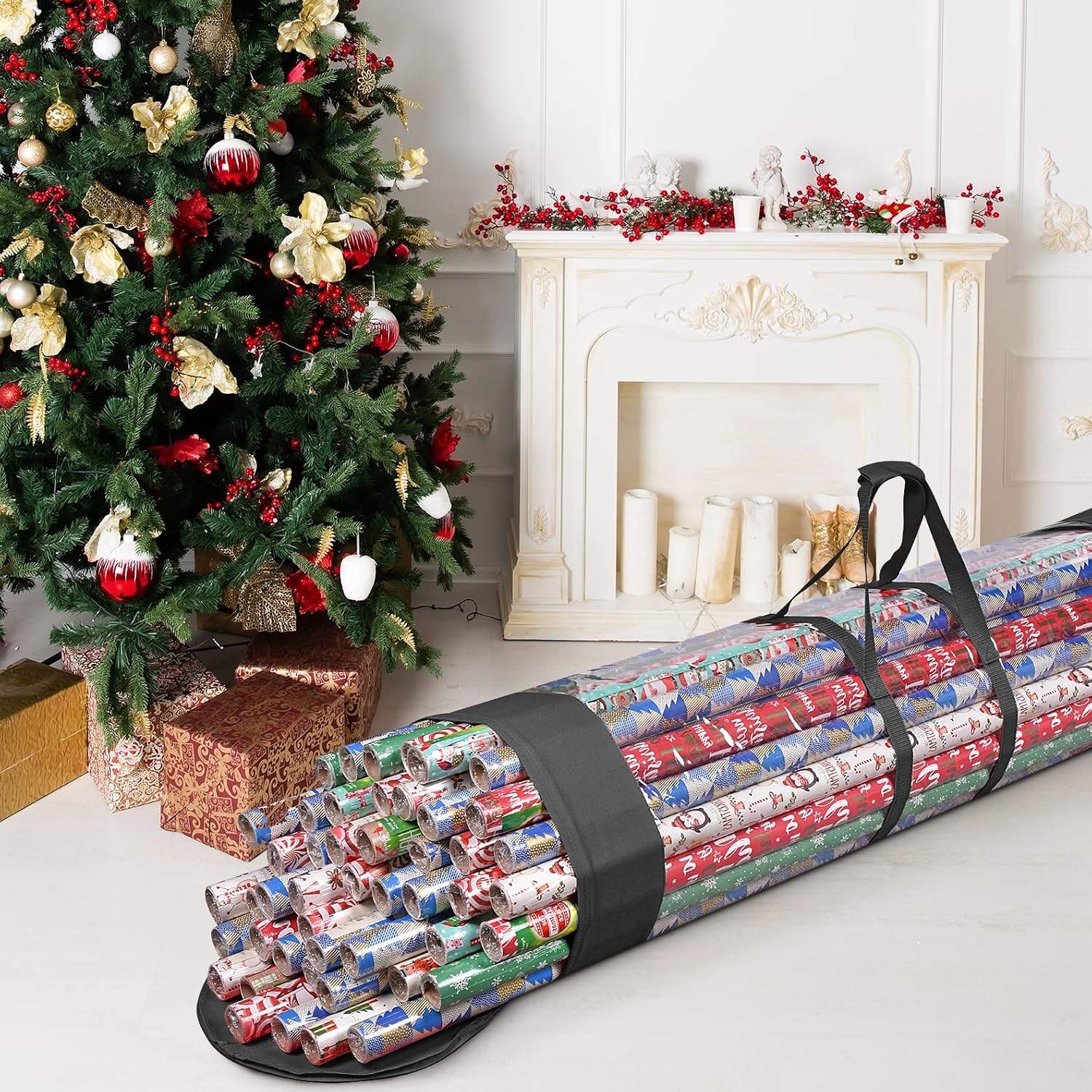 ProPik Wrapping Paper Organizer Storage Bag for All Your Gift Wrap & Ribbons, Fits Long 40 Inch Rolls, Hold Up To 24 Rolls, Heavy Duty Clear PVC Bag with Handles (Black & Clear)