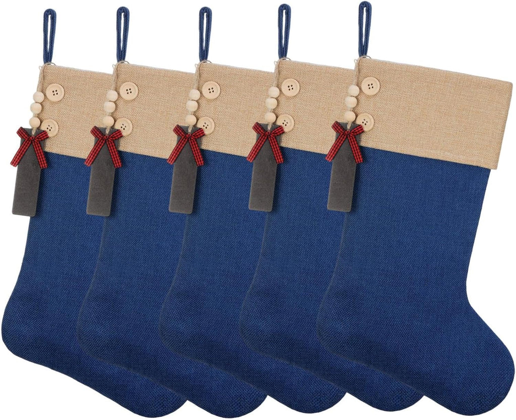 Burlap Christmas Stocking,19.5 Inch Fireplace Hanging Stockings with Wooden Tags DIY Name, Family Holiday Decorations and Xmas Gift,Blue 5Pcs