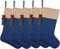 Burlap Christmas Stocking,19.5 Inch Fireplace Hanging Stockings with Wooden Tags DIY Name, Family Holiday Decorations and Xmas Gift,Blue 5Pcs