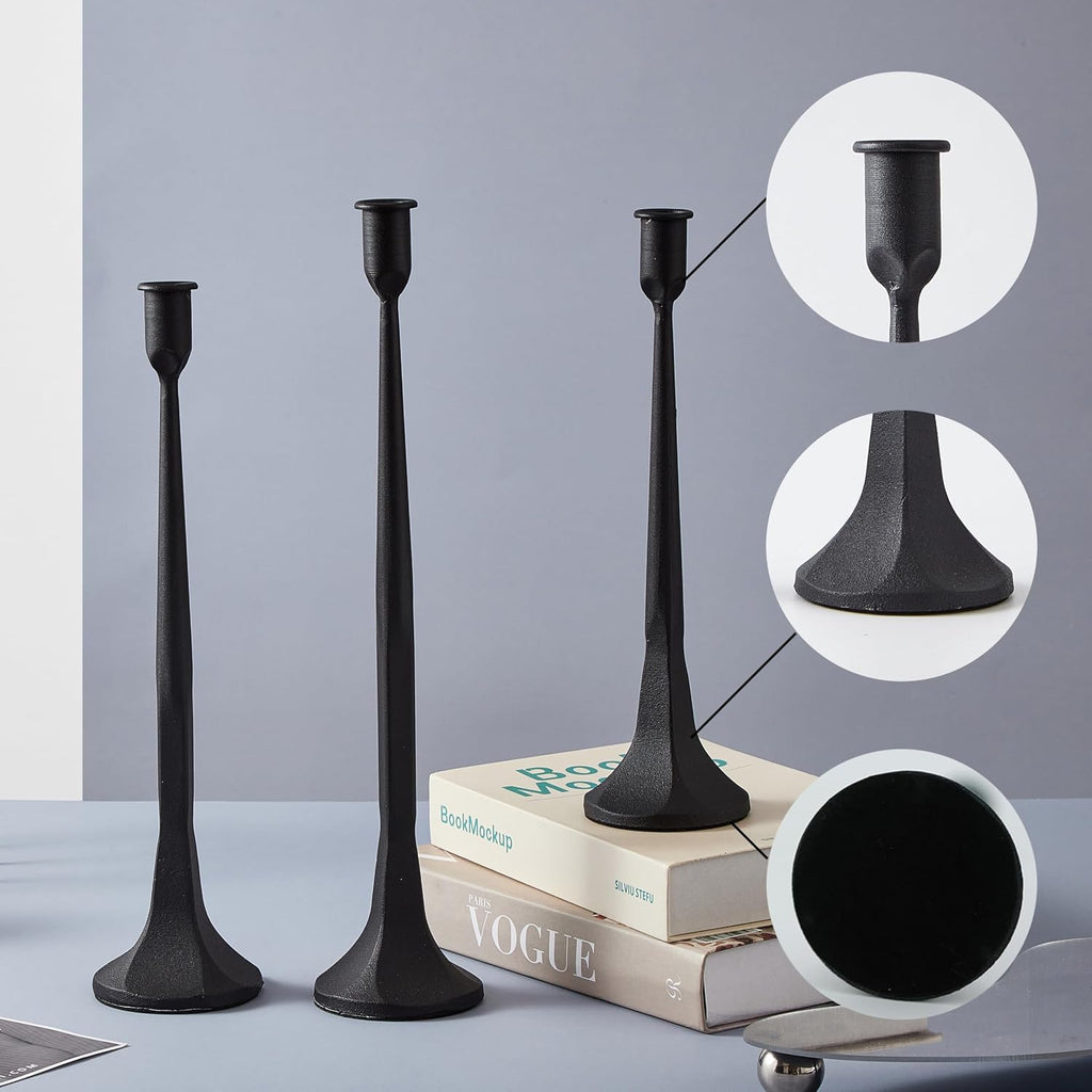 Denique Iron Taper Candle Holder Set of 3, Black Candlestick Holders Decorative Candle Stand, Tapered Candle Holders Tall Set for Wedding, Dining Table, Home Decoration (Black)