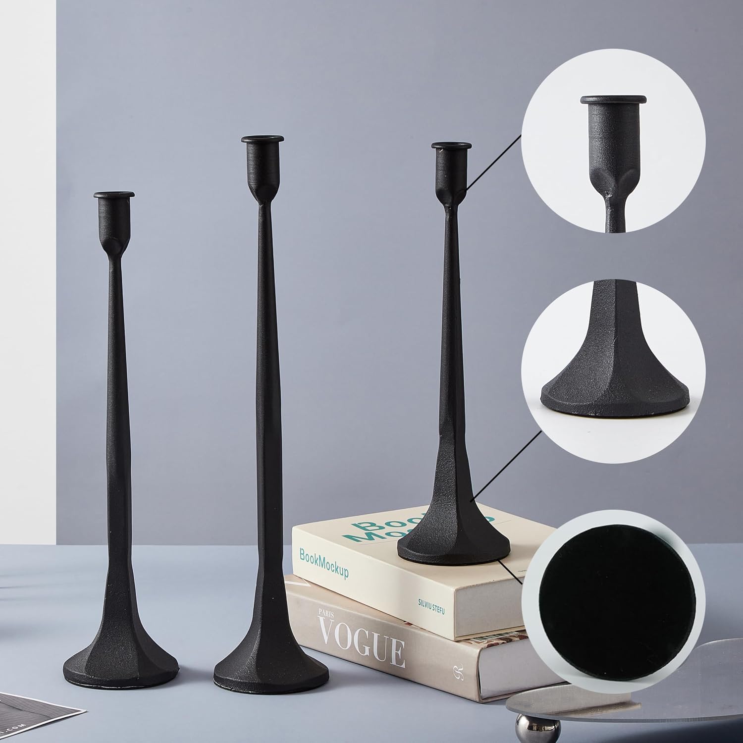Denique Iron Taper Candle Holder Set of 3, Black Candlestick Holders Decorative Candle Stand, Tapered Candle Holders Tall Set for Wedding, Dining Table, Home Decoration (Black)