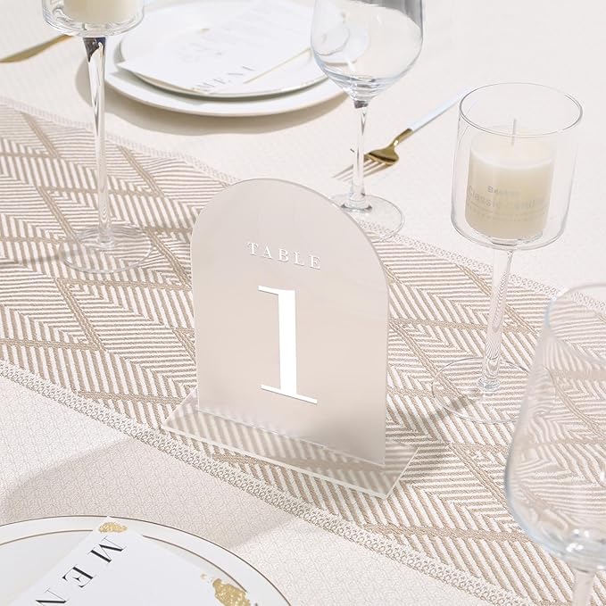 UNIQOOO Frosted Arch Wedding Table Numbers with Stands 1-15, 5x7" Acrylic Display Signs and Holders, Pack of 15, Perfect for Centerpiece, Reception, Decoration, Party, Anniversary, Event