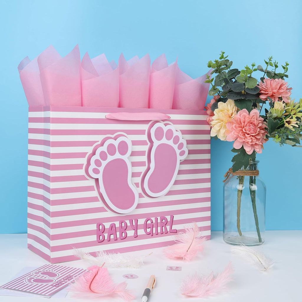 16.5'' Extra Large Baby Girl Gift Bag Set with Handles, Greeting Card, Pink Tissue Papers and Stickers for Girls Kids for Baby Shower, Girls' Birthday Party, Newborn, New Moms, Little One, 1st Baby, 3D Footprints Design, 1 Pcs