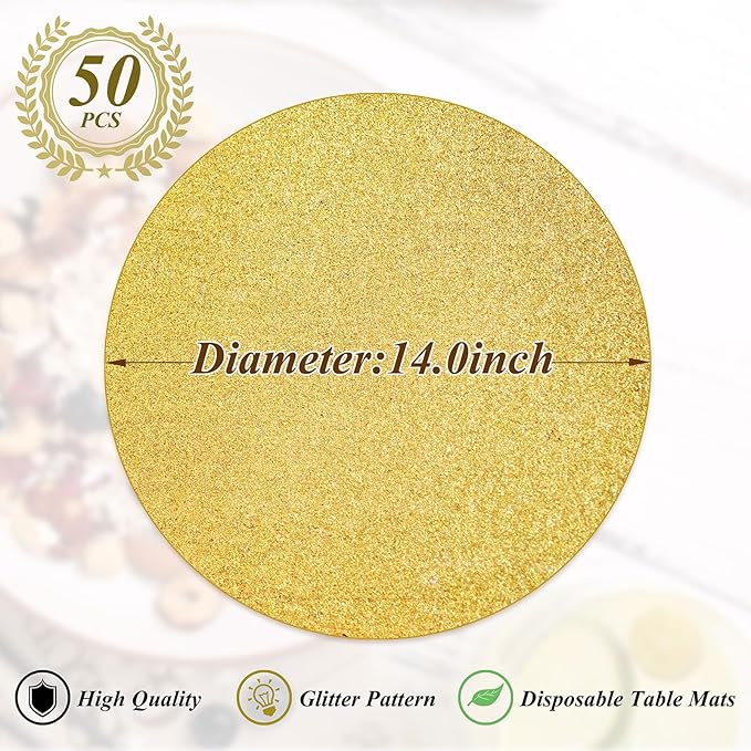 50 Pieces Gold Glitter Paper Place Mats Sparkle 14'' Round Disposable Table Mats Golden Sequin Doilies Decorative Placemats for Wedding Banquet Party Home Dining Tableware