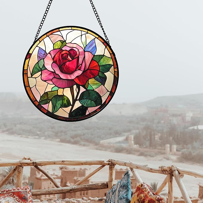 Stained Glass Window Hanging - Pink Rose Suncatcher for Door Garden Home Decor Birth Flower Sun Catcher Christmas Birthday for Friend Lovers Women Mom Nana 9.8 in