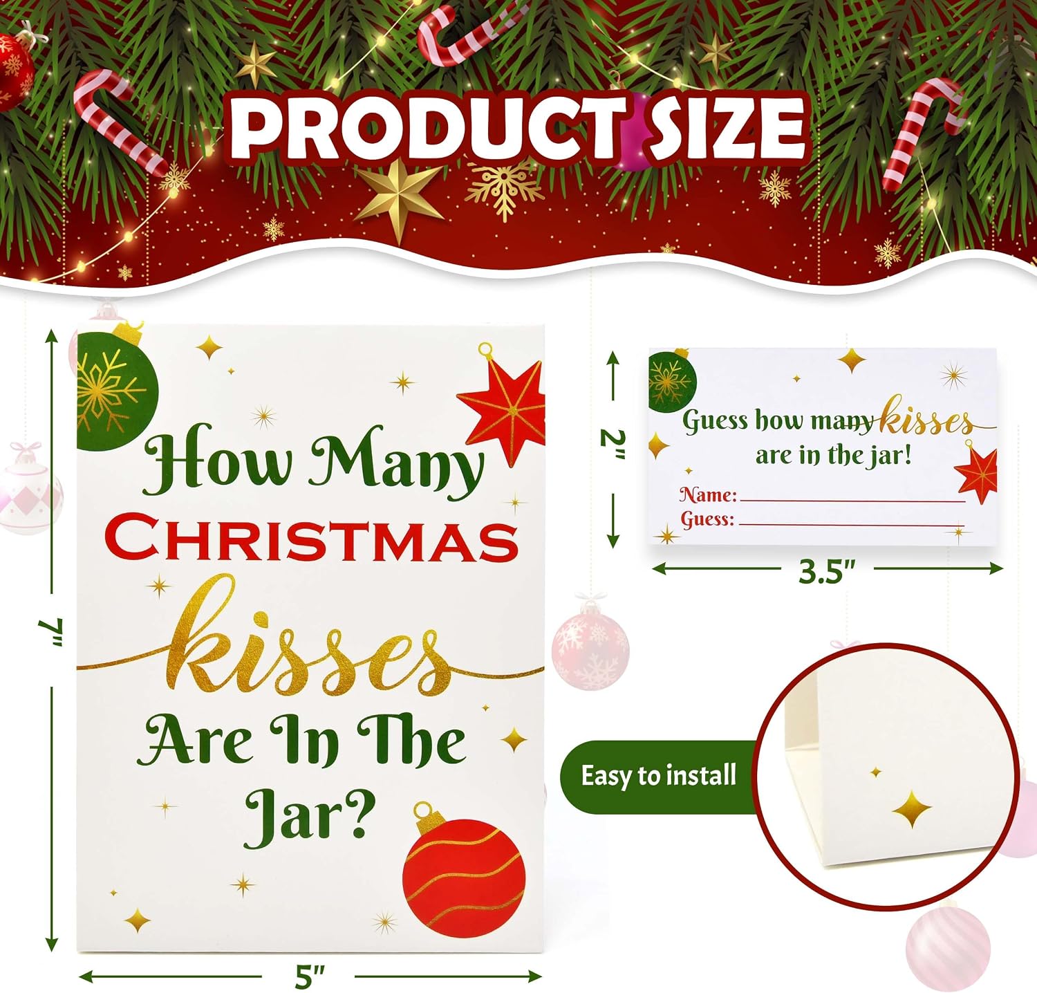 Christmas Party How Many Kisses Standing Sign 40 Guessing Cards Set | Holiday Wedding Bridal Baby Shower Raffle Party Activity Decor by Gift Boutique