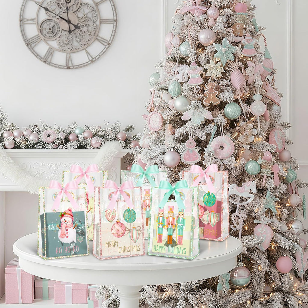 Aliceset 12 Pcs Pink Christmas Clear Gift Bags with Die Cut Handles Nutcracker Christmas Gift Bags with Ribbon 3 Assorted Pastel Styles for Holiday New Year Party Presents Giving Wrapping, 10x7x3.15''