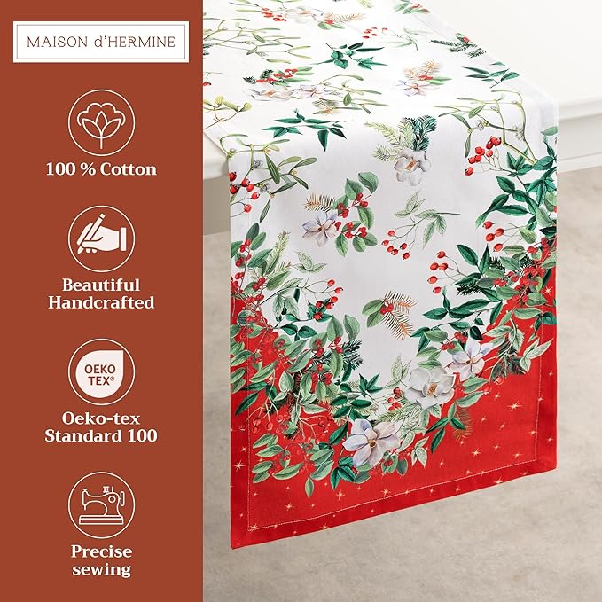 Maison d' Hermine Table Runner 100% Cotton Double Layer Table Runners 108 inches Long for Thanksgiving Christmas Decorations Home Kitchen Dining Party Wedding (Noel, 14.5" x 108")