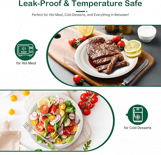 𝟕 𝐈𝐧𝐜𝐡, 𝟏𝟐𝟖-𝐏𝐚𝐜𝐤 Compostable Paper Plates, Heavy-Duty Biodegradable Disposable Dish Made from Bagasse, Perfeck for Snacks, Desserts, Party, Wedding and More (White)