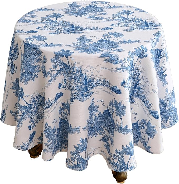 patdrea Designer Cyan Tablecloth for Round Table,Vintage Linen Ancient Castle and Manor Pattern Tablecloths,Table Cover Decor for Kitchen Dining Christmas,Thanksgiving,Diameter 67"-Lucerne a