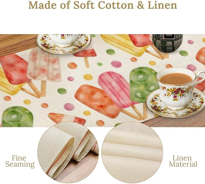Summer Popsicles Table Runner, Watercolor Colorful Fruit Ice Cream Pops Berry Kiwi Cold Summer Sweet Seasonal Dinner Runner for Party Holiday Home Kitchen Dining Table Decor 13"x36"