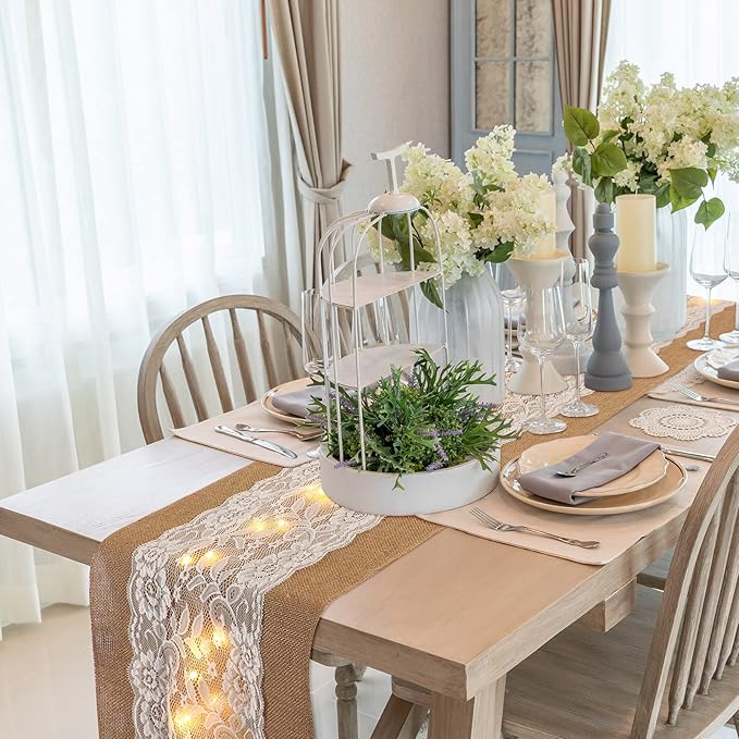 Tudomro 12 Pcs Burlap Table Runner with LED String Lights 12 x 108 Inches Rustic Jute Lace Table Runners Farmhouse Jute Linen Decoration Wedding Decor for Holiday Party Wedding Decorations