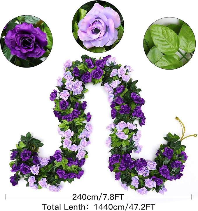 Floweroyal 6 Pack Artificial Flower Garlands 7.9FT Fake Rose Vines Silk Flowers Hanging Rose Ivy for Wedding Arch Party Home Garden Wall Decor (Purple)