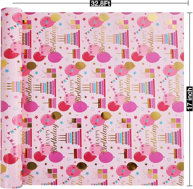 Aimyoo Pink Birthday Wrapping Paper Roll - 17 Inch X 32.8 Feet - Gold Foil Celebration Cake, Balloon, Happy Birthday Lettering Design Gift Wrap for Kids, Baby Showers