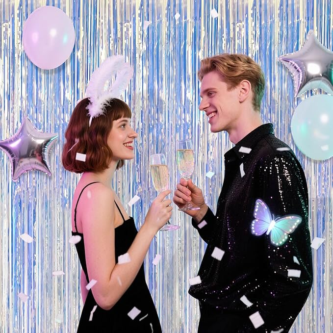 2 Pack Iridescent Party Decorations Foil Fringe Tinsel Backdrop Glitter Curtains Shimmer Wall Backdrop 70s 80s 90s Disco Theme Party Decorations Happy Birthday Easter Graduation Supplies