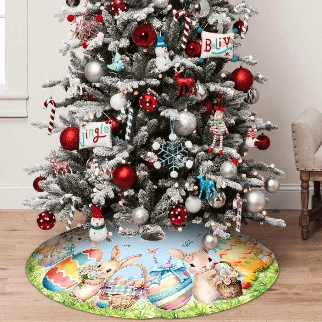 Easter Bunny Eggs Tree Skirt 36 Inch Rabbit Christmas Tree Skirt Xmas Ornaments for Holiday Party Decorations Indoor Outdoor
